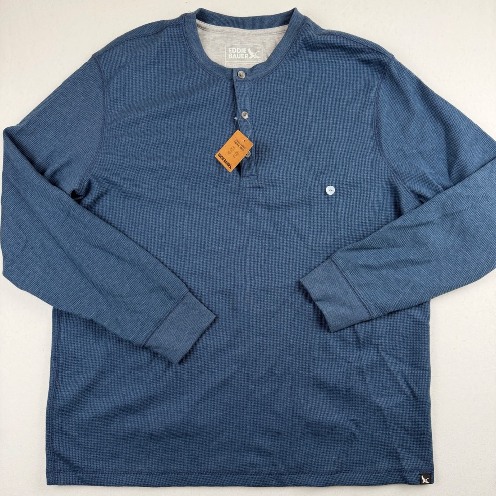 Eddie Bauer Mens Favorite Thermal Henley Blue Waffle Knit Long Sleeve XL NEW